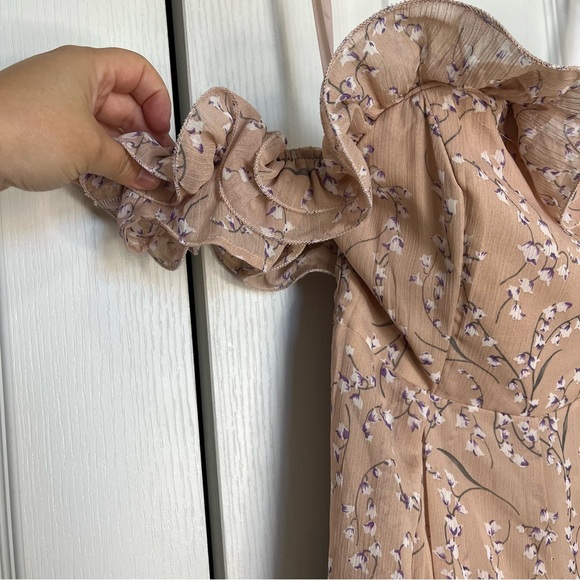 JAZZ BARDOT NECKLINE WIDE LEG SPLIT JUMPSUIT FLORAL PRINT BLUSH OFF-SHOULDERS - Picture 9 of 13